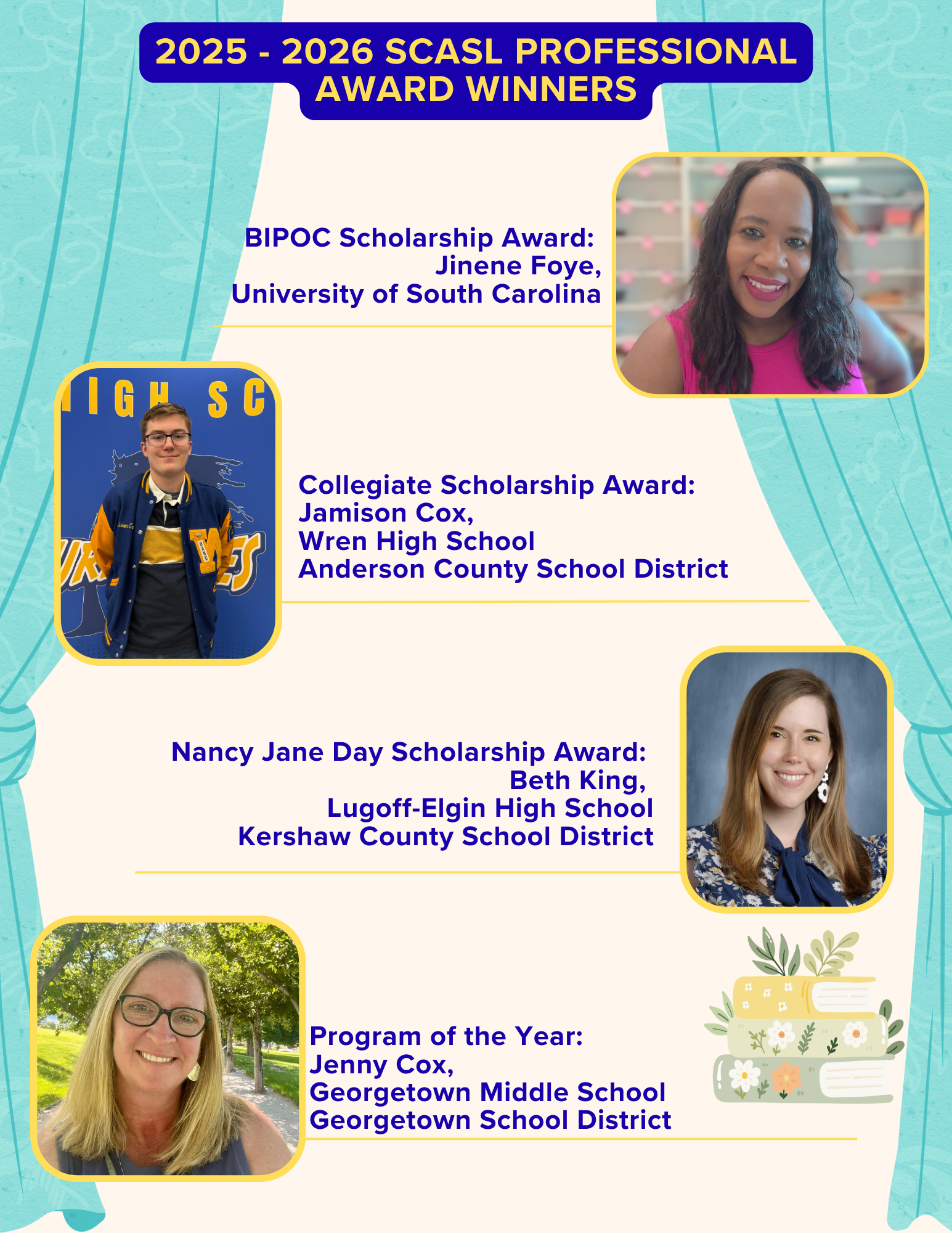 BIPOC Scholarship - Jinene Foye; Nancy Jane Day Scholarship - Beth King; Collegiate Scholarship - Jamison Cox; Program of the Year - Jenny Cox